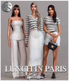 three beautiful women standing next to each other in front of a white background with the words lunch in paris on it