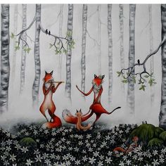 a painting of two foxes playing in the woods