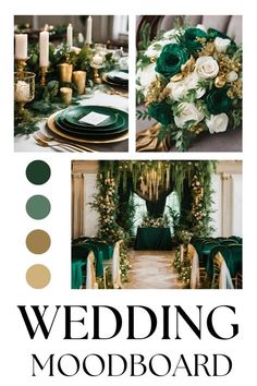 a wedding mood board with green and white flowers, greenery, candles and gold accents