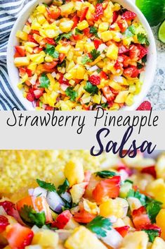 strawberry pineapple salsa in a white bowl