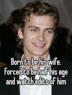 a man in a tuxedo smiling at the camera with text that reads, born to be his wife forced to half his age and watch edits of him