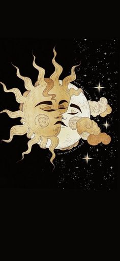 a drawing of the sun with its face in front of it's moon and stars