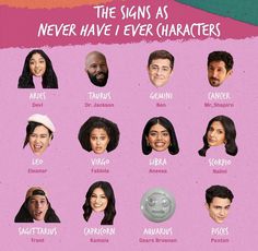 the signs as never have i ever characters in each character's name on this poster