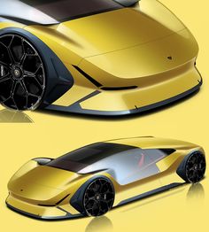 a yellow sports car is shown in three different views, including the front and back