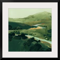 an abstract painting with green and brown colors on the mountain side, in a black frame