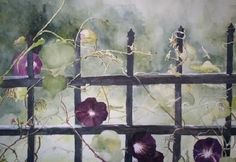 a painting of purple flowers on a fence