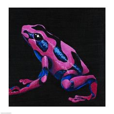 a pink and blue frog sitting on top of a black surface