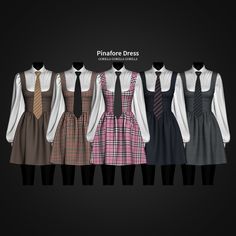 six different dresses with ties on them are lined up in a row against a black background