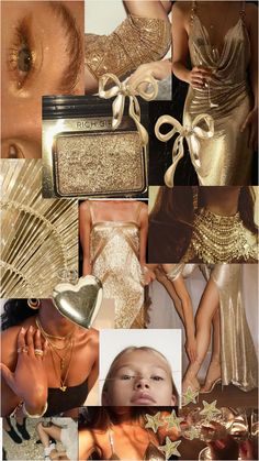 a collage of photos with gold accessories