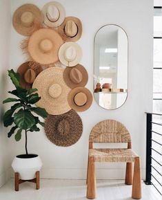 a room with hats on the wall and a chair next to a plant in front of a mirror