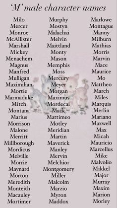 Names for male characters beginning in the letter ‘m’. Wattpad Boys Characters, Italian Male Names With Meaning, Mysterious Male Names, M Last Names, Male Character Personality Ideas