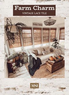 the front cover of farm charm vintage lace, featuring an old - fashioned couch and ottoman