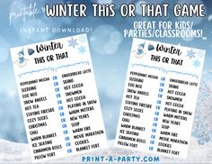 Get your students, party guests, or kids excited about winter with our This or That Winter game. Featuring fun choices about the season of Winter, this is the perfect game for classrooms or parties. Print from home and enjoy instant fun with the easy download! This printable game prints on regular-size paper (8.5" x 11") and prints 2 games per page. Each game measures 5" X 7". Light dotted lines help indicate where to trim. Easy as 1, 2, 3! 1. Purchase and download the PDF file(s) on the compute Classroom Winter Party, This Or That Game, Gingerbread Latte, Winter Classroom, Tea Eggs, Winter Parties, Holiday Games, Printable Game, Peppermint Mocha