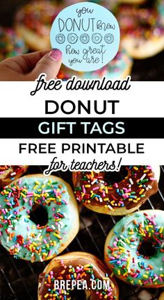 donuts with sprinkles are on a cooling rack and the text free printable is below