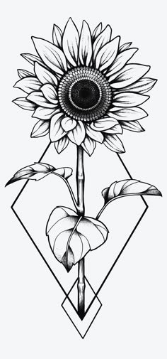 a black and white drawing of a sunflower with an arrow in it's center