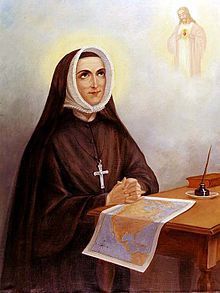 a painting of a nun sitting at a desk in front of a map and a globe