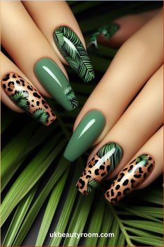 Tropical nails are perfect for summer and vacation looks. They bring a cheerful, fun, and lively vibe to your style. This post contains 27 different tropical nail ideas to brighten your look! Beach vacations, acrylic, art, pink, short, art hawaii, simple, colors, blue, almond, square, green. Cheetah Nail Designs, Tropical Nails, Daisy Nails, Green Nail, Leopard Nails, Animal Print Nails, Diy Nail Designs, Nail Designs Spring