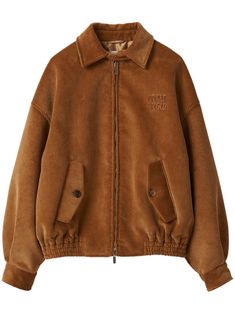 camel brown cotton corduroy appliqué logo spread collar front two-way zip fastening long sleeves buttoned cuffs two side button-fastening pockets ribbed hem Blouson Jacket, Versace Outfit, 가을 패션, Corduroy Jacket, Ski Wear, Barley, Miu Miu, Jacket Dress, Varsity Jacket