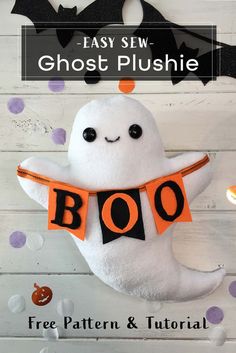 a stuffed ghost hanging from the side of a wooden wall with text overlay that says easy sew ghost plushie boo