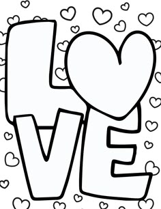 the word love is surrounded by hearts in black and white coloring book pages for valentine's day