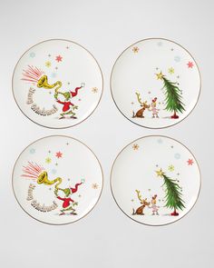 four plates with christmas designs on them, one has a tree and the other has an elf