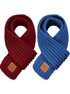 two knitted scarves one blue and the other red