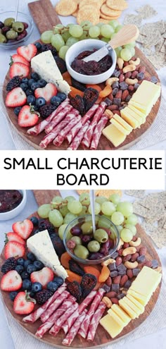 small charcuterie board on a round wooden board with a selection of cured meat, cheese, fruit and nuts. Girls Night Snacks, Apple Pie Baked Oatmeal, Girls Night In Food, Cheese Platter Presentation, Small Charcuterie Board, Small Charcuterie, Grazing Board