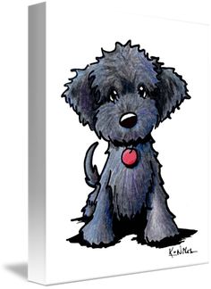 a drawing of a black dog with a red tag on its collar and tongue hanging out