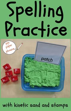 the cover of spelling practice with green frosting and letters in front of it on a table