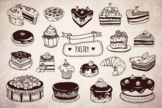 a bunch of cakes and pastries drawn in black ink on a piece of paper