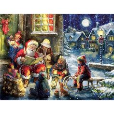 a painting of santa claus reading to children in front of a christmas village at night