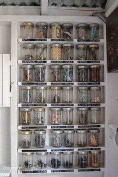 an open cabinet filled with lots of jars and magnets on it's sides