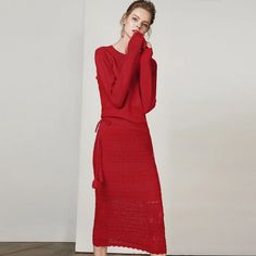 Red slim knitted skirt suits | Fancyever Top With Skirt, Knitted Skirt, Skirt Suits, Sweater Dress Women, Knitted Top, Exclusive Fashion, Knit Skirt, Christmas Dress, Independent Designers Fashion