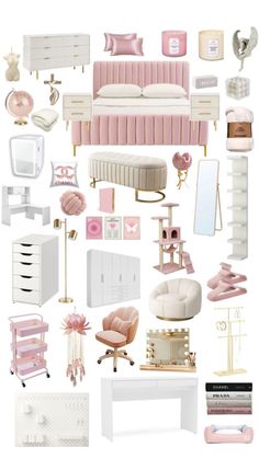 a collage of pink and white furniture, including a bed, dresser, mirror, chair, desk, lamp, bookshelf and other items