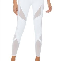 Never Worn Alo Leggings, Size Small In White White Alo Yoga Activewear For The Gym, Fitted Alo Yoga Leggings For Yoga, White Fitted Mesh Bottoms, Fitted White Mesh Bottoms, Fitted Mesh Workout Pants, White Fitted Mesh Activewear, Fitted White Mesh Activewear, White High Stretch Activewear By Alo Yoga, Alo Yoga Fitted High Waist Leggings