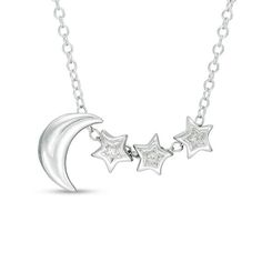 As sparkling as the night sky, this necklace is a charming look she'll treasure. Crafted in sterling silver, this sweet design features a crescent moon followed by three shimmering diamond-accented hearts. Polished to a bright shine, this 18.0-inch cable chain secures with a spring-ring clasp. Moon And Stars Necklace, Zales Zales, Stars Necklace, Sterling Silver Jewelry Rings, Tiffany Jewelry, The Night Sky, Moon And Stars, Pretty Jewellery, Star Necklace