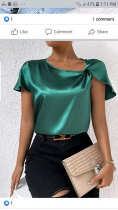 Teal Tops For Women, Satin Top Outfit Classy, Satin Top Outfit, Formal Blouses, Satin Design, Striped Off Shoulder Top, Top Girls, Satin Short