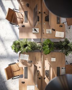 an overhead view of a wooden table with chairs and plants on it, from above