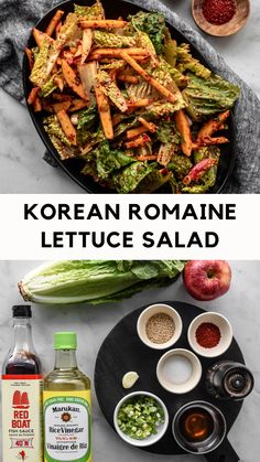 Korean romaine lettuce salad in bowl Korean Bbq Salad, Korean Salad Recipe, Crunchy Salad Recipes, Korean Salad, Bbq Salad, Bbq Salads, Romaine Salad, Pantry Ingredients