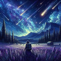 a person sitting in a field looking at the stars