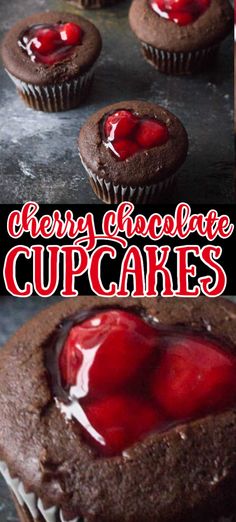 there are chocolate cupcakes with red icing on them