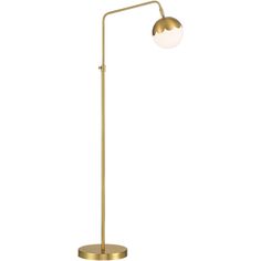 a gold floor lamp with a white ball on the top and a brass metal base