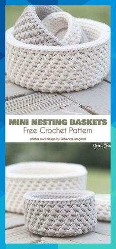 two baskets sitting on top of a wooden table with text overlay that says, free crochet pattern