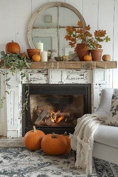 a living room filled with furniture and a fire place in front of a white fireplace