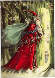 a painting of a woman dressed as santa claus and holding a bag in the woods