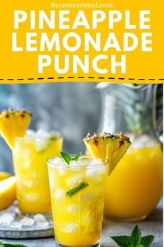 pineapple lemonade punch with mint garnish on the rim