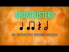 the words ghostbusters are in green and black on an orange background with music notes