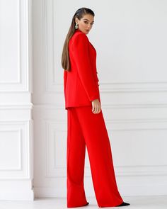 Fabric: High quality suiting fabric Cotton 65%, Polyester 35% Included: Blazer, Tops, Pants Blazer length: 74 cm/ 29 in Sleeve length: 61 cm/ 24 in Pants length: 116 cm/ 45,6 in 4 Buttons Wide-leg pants Sweetheart top Lining option: Fully-lined Elegant Red Full-length Dress Pants, Formal Red Wide Leg Dress Pants, Red Wide-leg Dress Pants For Formal Occasions, Fitted Red Dress Pants For Business Casual, Red Full Length Formal Dress Pants, Red Wide Leg Dress Pants For Formal Occasions, Red Fitted Dress Pants For Business Casual, Elegant Fitted Red Dress Pants, Chic Red Semi-formal Suit