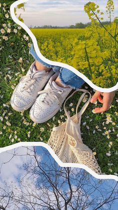 a person's feet and hand holding a bag in front of a field with flowers