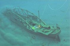 an old boat sitting in the middle of the ocean with debris on it's bottom